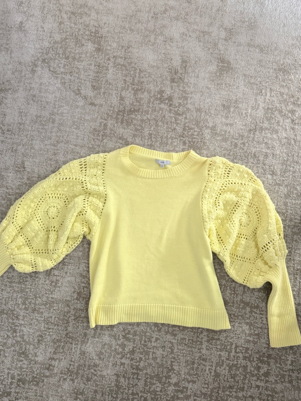 Fate Yellow Puff-Sleeve Crochet Crewneck Sweater
